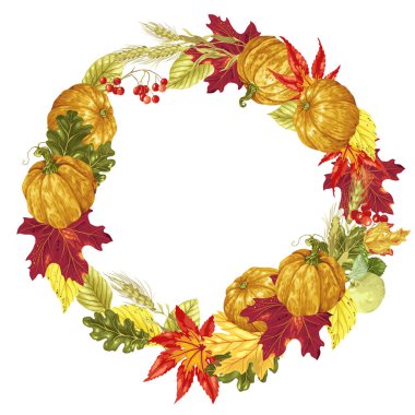 Vektör dekor dekoratif öğeyle hasat için bir daire çelenk şeklinde farklı çiçek öğeleri