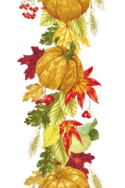 Hasat mevsimi ve Şükran günü için sonbahar elemanları ile vektör dekoratif kesintisiz çizgi dikey öğesi