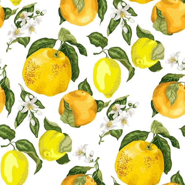 Бесшовный Векторный Рисунок Цветущими Цветами Сочными Цитрусовыми Такими Грейпфрут Лимон — стоковый вектор