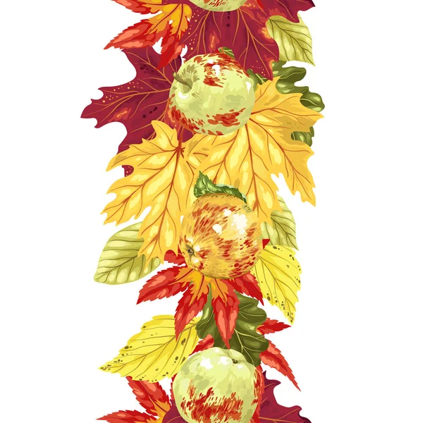 Вертикальная Бесшовная Векторная Линия Осенними Листьями Яблоками Ярких Цветах — стоковый вектор