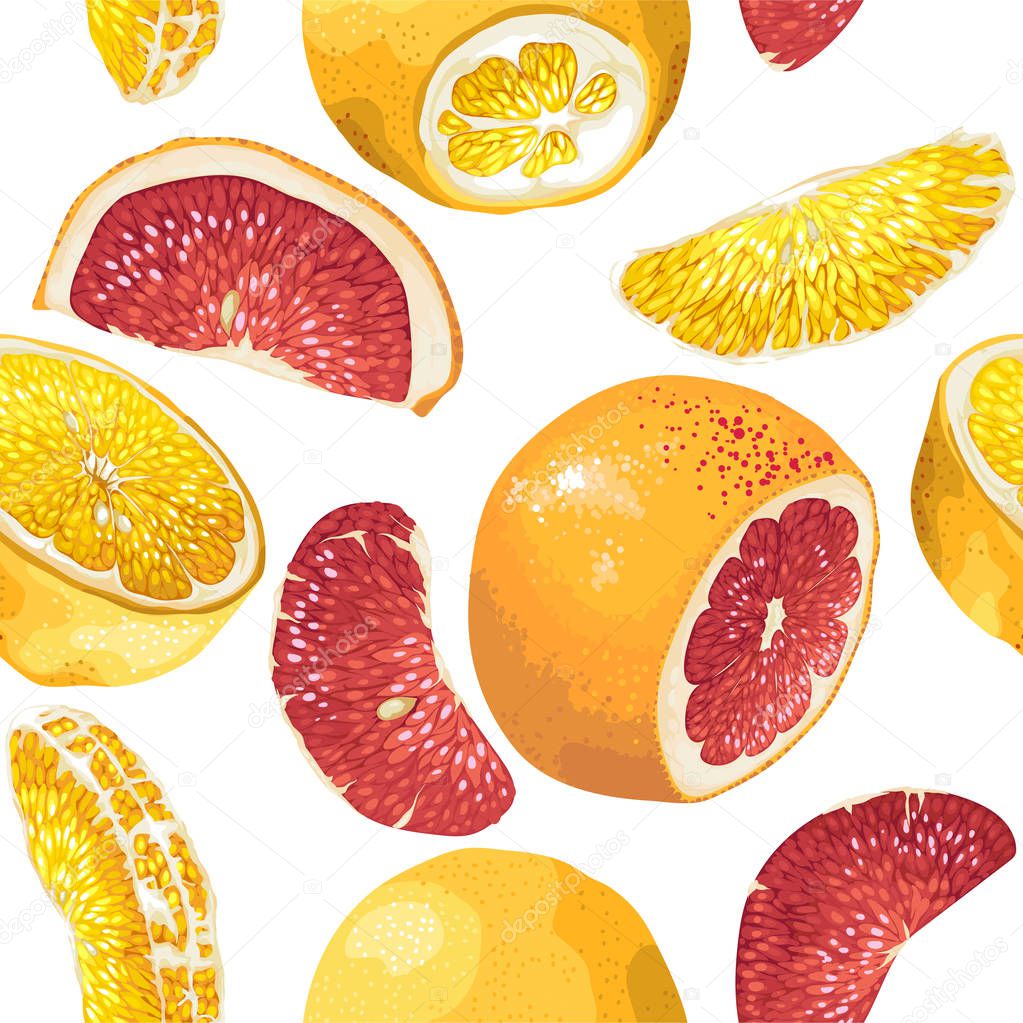 Seamless pattern in vector with citrus fruit slices such as orange, blood orange, lemon and grapefruit