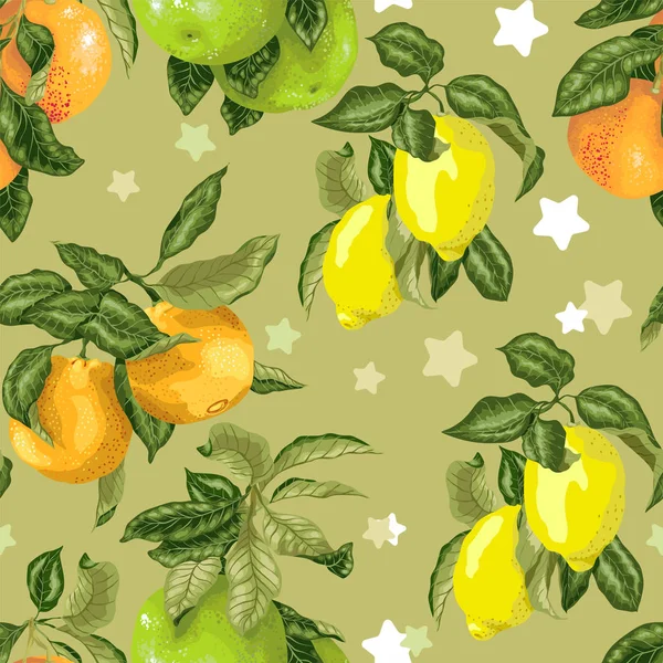 ザボン オレンジ グレープ フルーツ 星や明るい色のレモンと現実的な図でベクターのシームレスなパターン — ストックベクタ