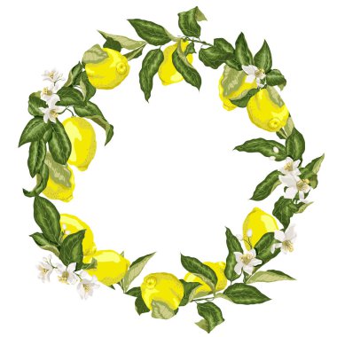 Şablon daire kare çelenk limon meyve ve çiçekler ile