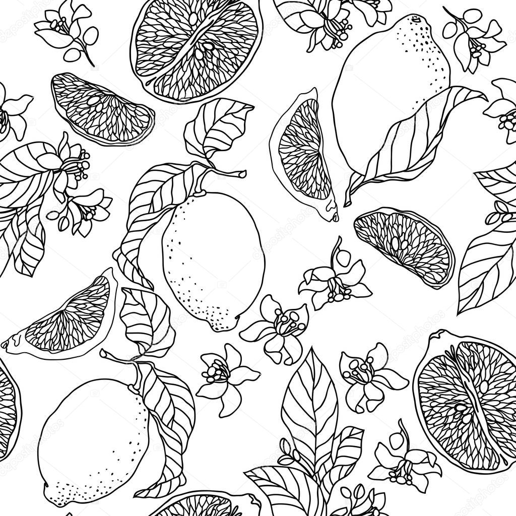 Black-and-white seanless lemon pattern illustration