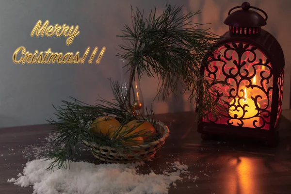 Різдвяна Червона Лампа Свічкою Прикрашена Боке Різдвяним Текстом — стокове фото