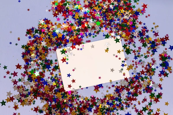 Estrellas Multicolores Brillantes Para Postal Navidad Con Espacio Para Texto —  Fotos de Stock