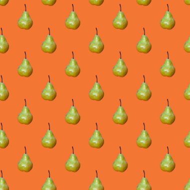 Turuncu arka planda kusursuz taze yeşil armut deseni. ambalaj kağıdı şablonu