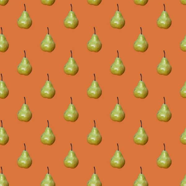 オレンジの背景に甘い新鮮な緑の梨のシームレスな繰り返しパターン 包装紙テンプレート — ストック写真