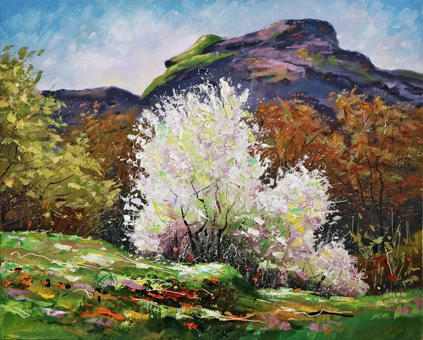 A blossoming tree of wild plum on a background of a mountain landscape, decorative and textured techniques on canvas. Painting: canvas, oil.