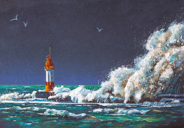 A large squall of wave envelopes the Lighthouse during the storm. Painting: canvas, oil.