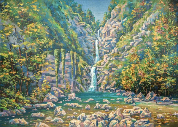 Mountainous summer landscape with a three-stage waterfall Nameless. Sochi National Park.Painting: oil on canvas. Author: Nikolay Sivenkov.