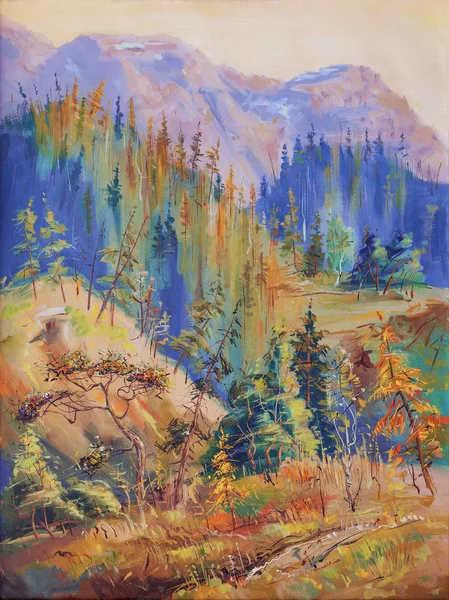 Autumn in the mountains of Taimyr Peninsula. Artistic work in bright and juicy tones. Painting: oil on canvas. Author: Nikolay Sivenkov. The canvas depicts autumn in the northern part of Russia. Siberia, Putoran Plateau in the Krasnoyarsk Territory. — Stock Image Autumn Mountains Taimyr Peninsula Artistic Work Bright Juicy Tones Painting Royalty Free Stock Photos