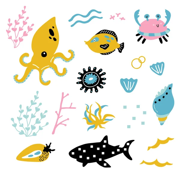 Vector Illustration Cute Funny Baby Ocean Animals Set Print Poster — Stock Vector