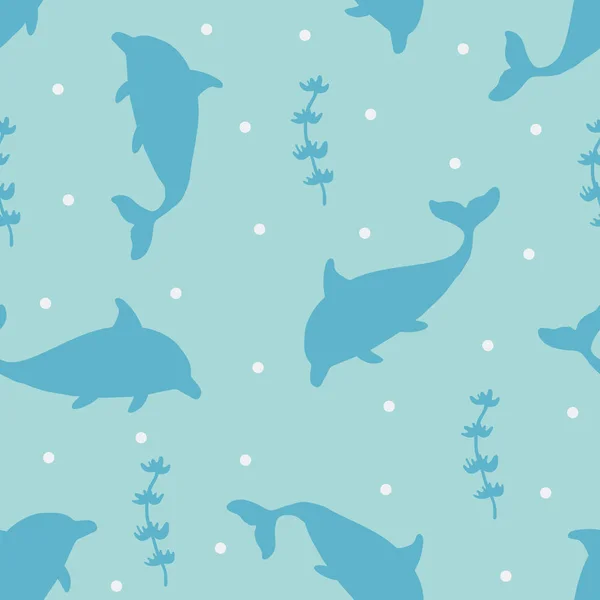 矢量无缝背景图案与有趣的婴儿海豚织物 纺织品 — 图库矢量图片