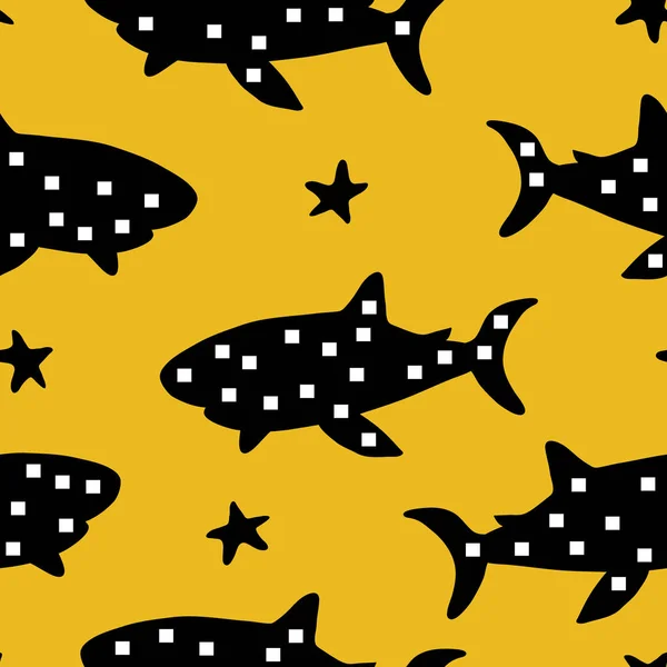 Vector Seamless Background Pattern Funny Baby Sharks Fabric Textile — Stock Vector