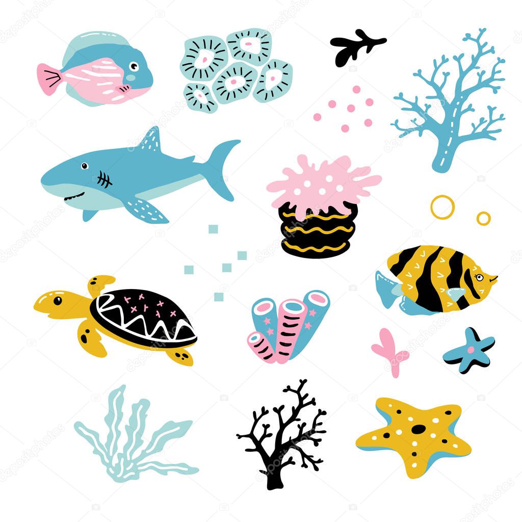 Vector illustration of cute funny baby ocean animals set for print,poster,scandinavian design 