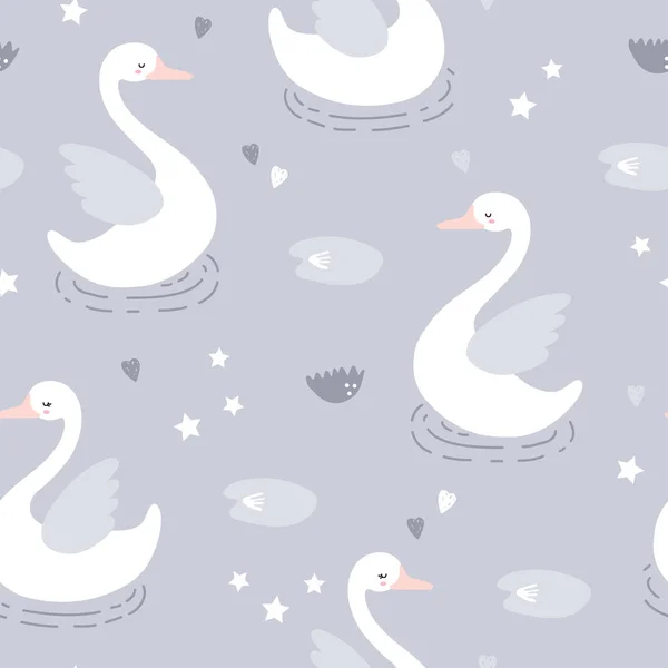 ベビー シャワー ファブリック 繊維の美しい北欧の白鳥とのシームレスな背景パターンのベクトル — ストックベクタ