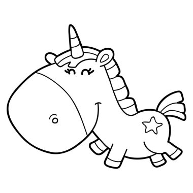 Sevimli çizgi tek boynuzlu at karakter vektör çizim sayfa boyama, çocuklar için