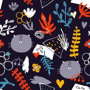 Kediler ve çiçekler vektör sorunsuz arka plan deseni el ile çizilmiş