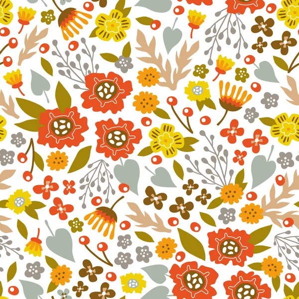 Vector Seamless Background Pattern Hand Drawn Flowers Leaves — Stock Vector