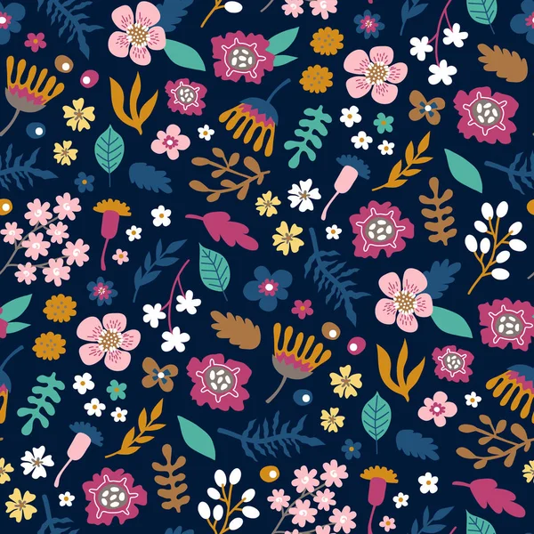 Vektör sorunsuz arka plan deseni elle çizilmiş çiçek ve yaprakları ile