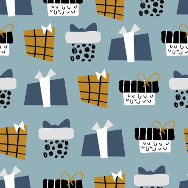 İskandinav tarzı, Noel komik karakterler ve öğeleri kumaş tasarımı, ambalaj kağıdı için sorunsuz arka plan desen vektör