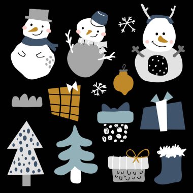 vector set of scandinavian baby stilized cartoon elements for winter postcards,t-shirt prints,sticker clipart