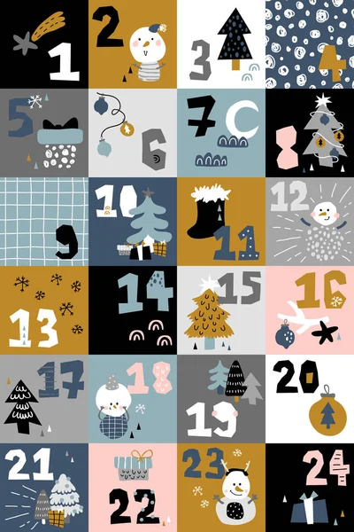 Vektorillustration Barnen Advent Kalender Spel Skandinavisk Stil Julen Tecken Och — Stock vektor