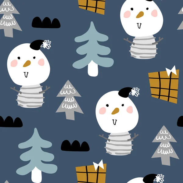 矢量无缝背景图案斯堪的纳维亚风格 圣诞滑稽人物和元素的面料设计 包装纸 — 图库矢量图片