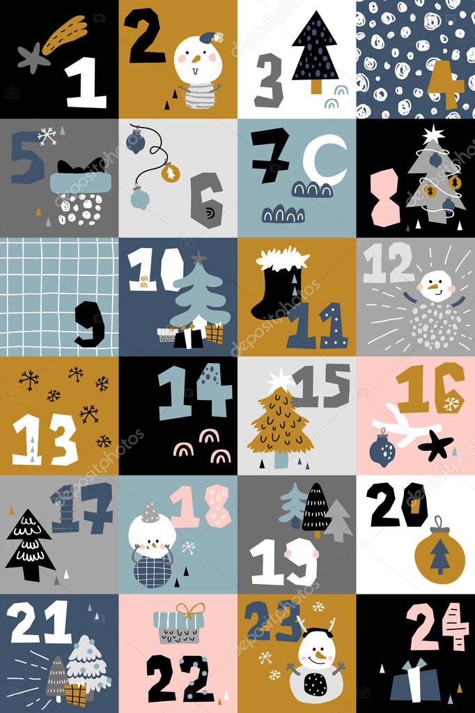 vector illustration of kids advent calendar game in Scandinavian style,Christmas characters and elements,ornate numbers