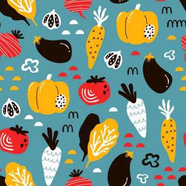 sorunsuz arka plan desenleri İskandinav tarzı vektör, şirin sebze ve öğeleri kumaş tasarımı, ambalaj kağıdı, Notebook kapakları için çizgi film