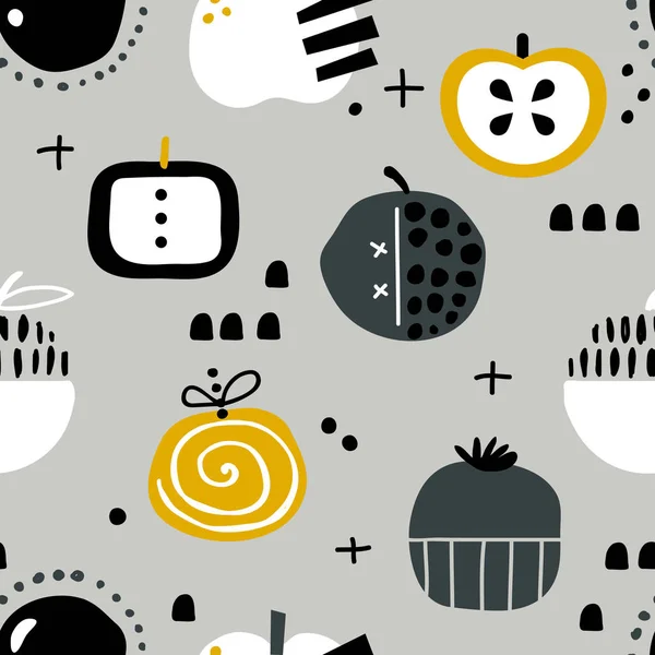 矢量无缝背景图案斯堪的纳维亚风格 卡通可爱的苹果和元素的面料设计 包装纸 笔记本封面 — 图库矢量图片