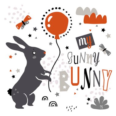 sunny Bunny yazdırma, süslü komik yazı ve sevimli karakterler, nesneler ile İskandinav tarzında güzel illüstrasyon vektör