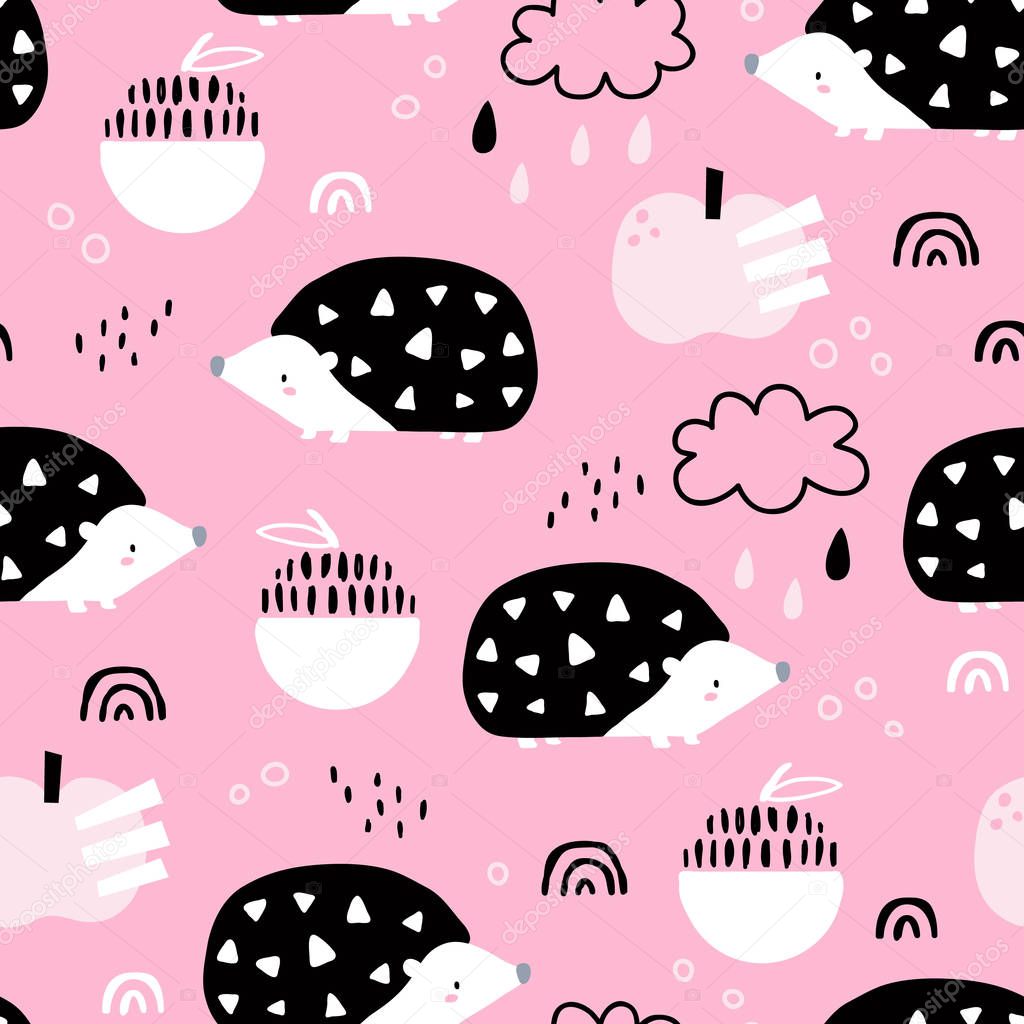 vector seamless background patterns in Scandinavian style,cartoon cute characters  and elements for fabric design, wrapping paper, notebooks covers