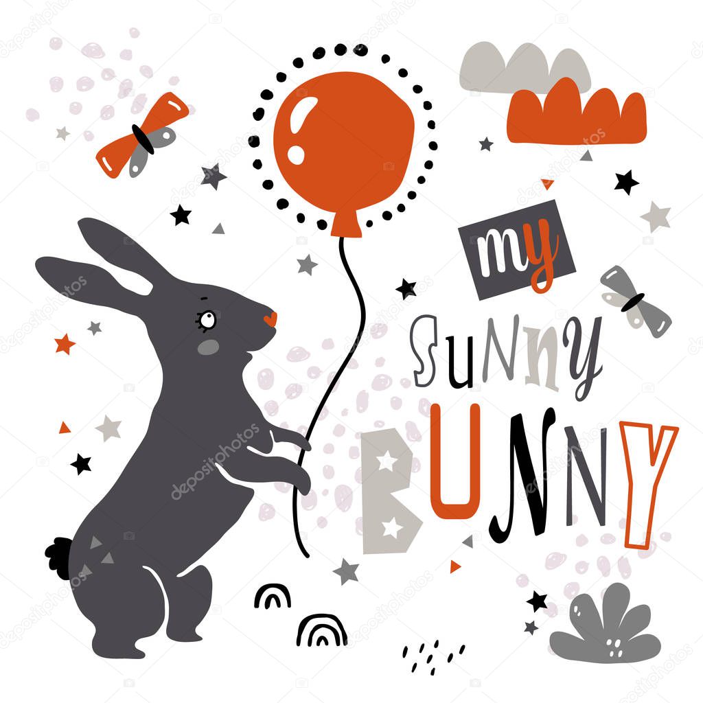 vector illustration of beautiful sunny bunny print in Scandinavian style,with ornate funny lettering and cute characters,objects