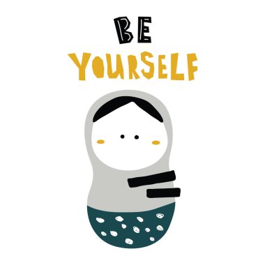 güzel matruşka oyuncağı vektör çizim yazdırmak, süslü komik yazı ve sevimli karakterler, nesneler ile İskandinav tarzında