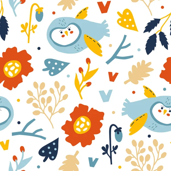 Vector Seamless Background Pattern Beautiful Scandinavian Owls Baby Shower Fabric — Stock Vector