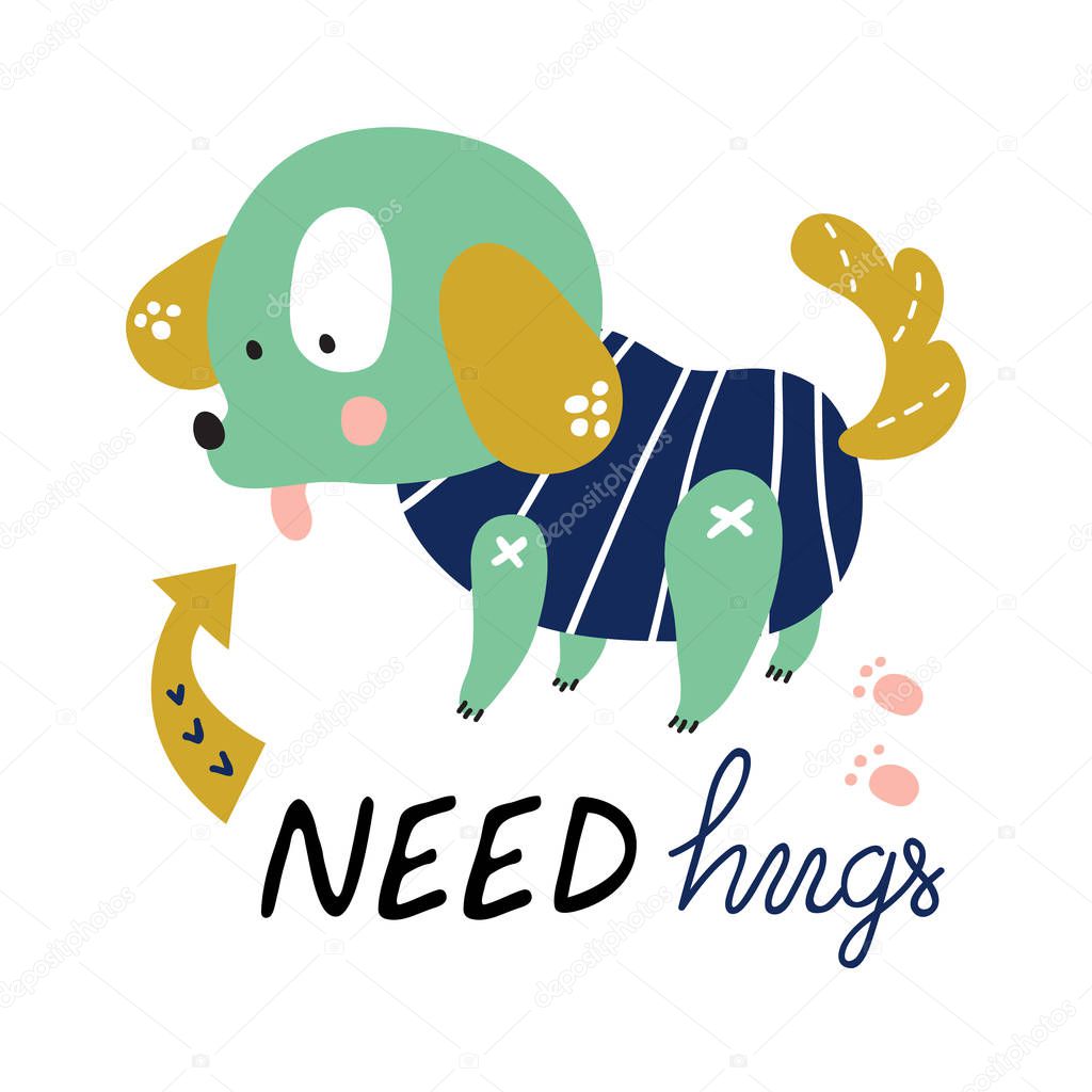 vector illustration of beautiful need hugs print in Scandinavian style,with ornate funny lettering and cute characters,objects