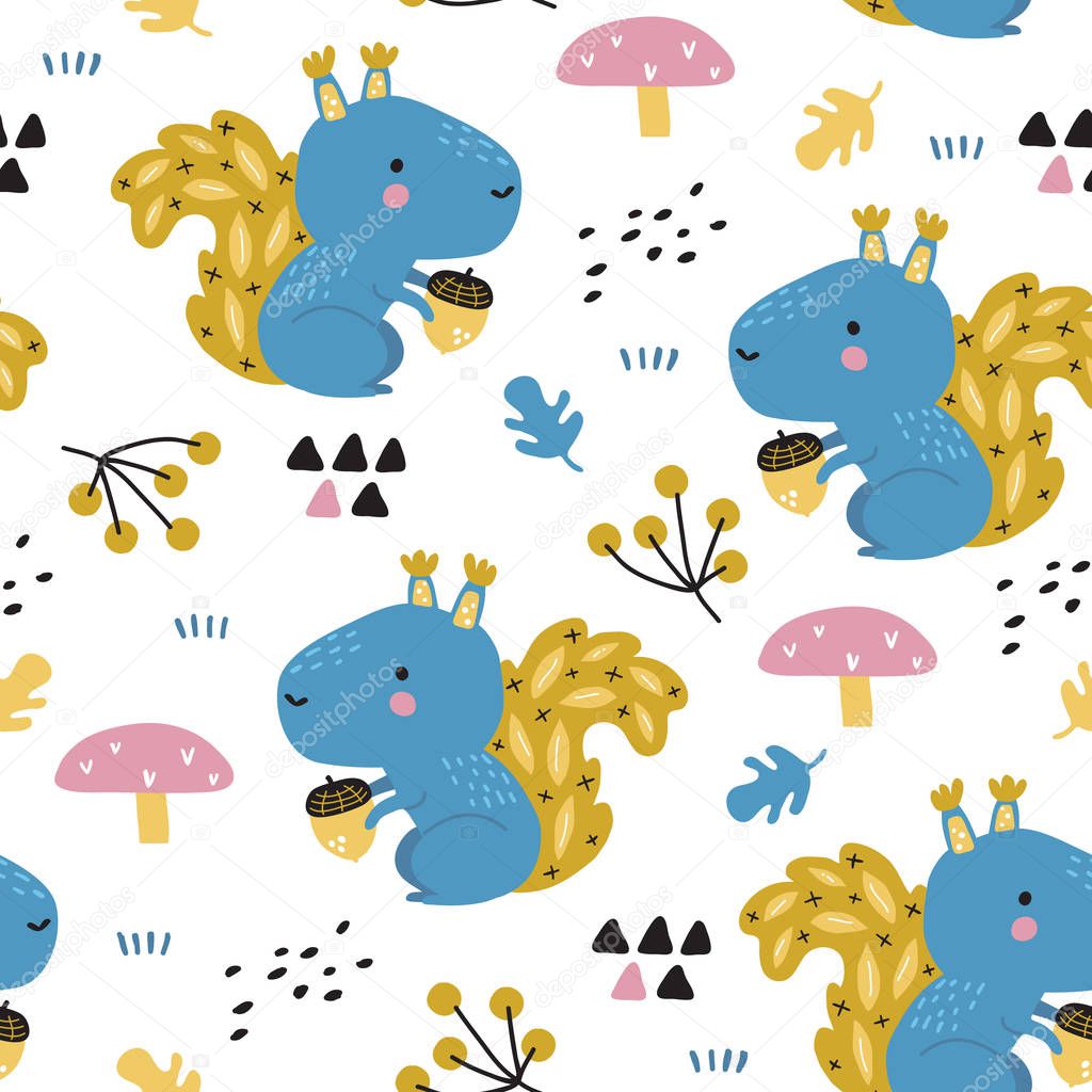 vector seamless background patterns in Scandinavian style,cartoon cute squirrel characters  and elements for fabric design, wrapping paper, notebooks covers