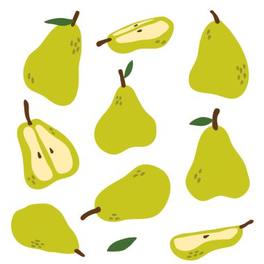 Vektör çizim set güzel dekoratif armut ve çıkartmalar, tasarımlar, parmak izi için diğer elle çizilmiş öğeleri