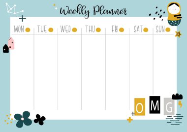 Vector illustration of cute note pad stationary. Weekly organizer planner with scandinavian style character clipart