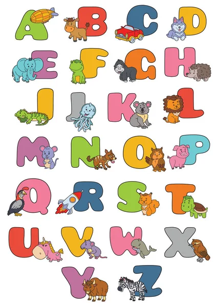 Cartoon Alphabet Poster Vector Illustration Educational Alphabet Cartoon Character Kids — Stock Vector