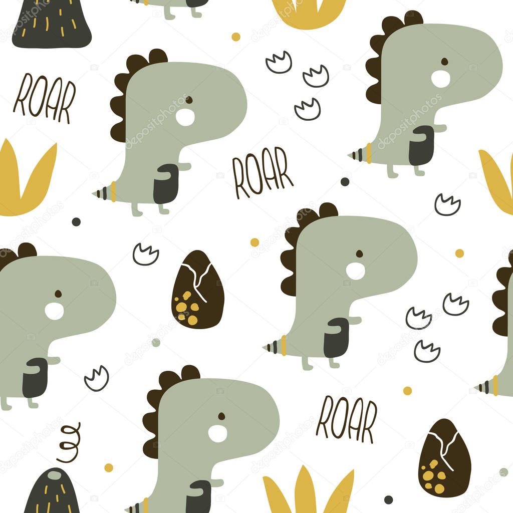 vector seamless background patterns in Scandinavian style,cartoon cute dinosaur characters  and elements for fabric design, wrapping paper, notebooks covers