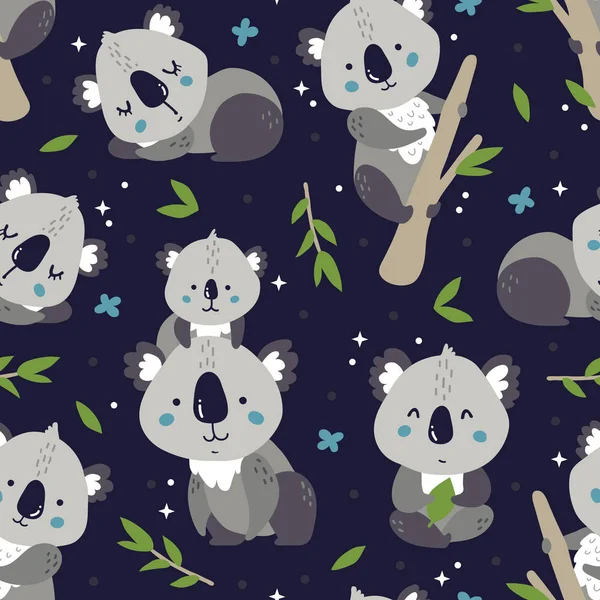Vector Seamless Background Patterns Scandinavian Style Cartoon Cute Koalas Characters — Stock Vector