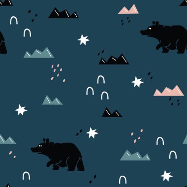 vektör sorunsuz arka plan deseni komik bebek ayılar ve dağ için kumaş, tekstil