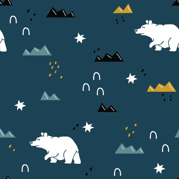 矢量无缝背景模式与有趣的小北极熊和山区的面料 纺织品 — 图库矢量图片
