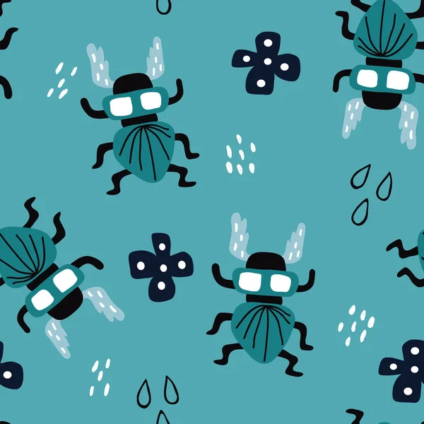 Vector Seamless Background Patterns Scandinavian Style Cartoon Cute Bugs Characters — Stock Vector