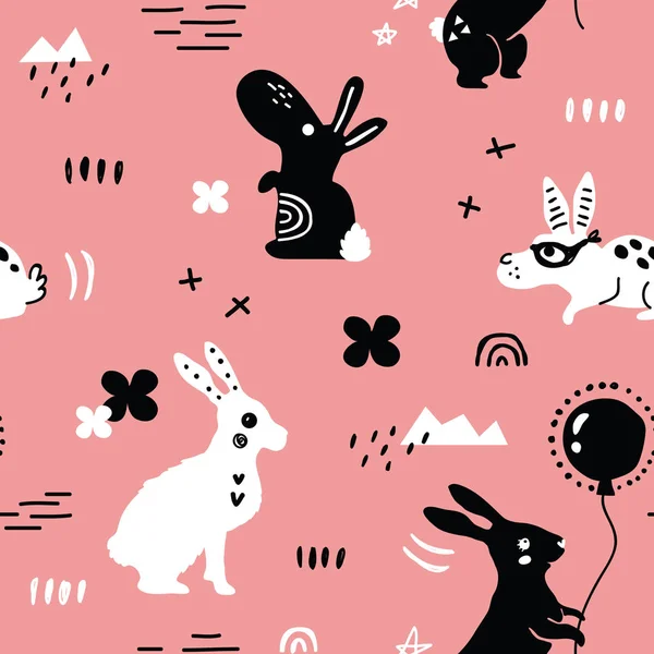 Vector Seamless Background Pattern Ornate Easter Rabbits Elements Scandinavian Style — Stock Vector