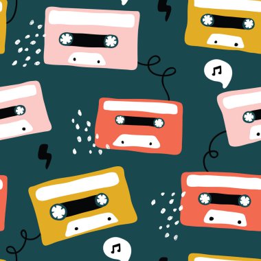 vektör sorunsuz arka plan desen kumaş, tekstil, duvar kağıdı, kağıt sarma rock müzik ile retro ses kaset ile defter kapakları, arka plan