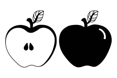 Elma Vektör Siyah Beyaz Meyve Siluet Karikatür İllüstrasyon